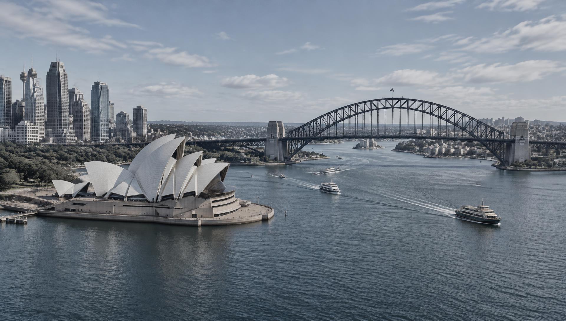 Aerial view of Sydney Harbour with the Opera House and Harbour Bridge