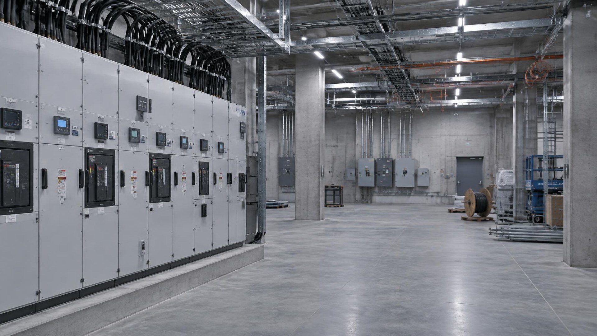 Finished switchgear line-up with neatly dressed cabling in an otherwise unfinished electrical room
