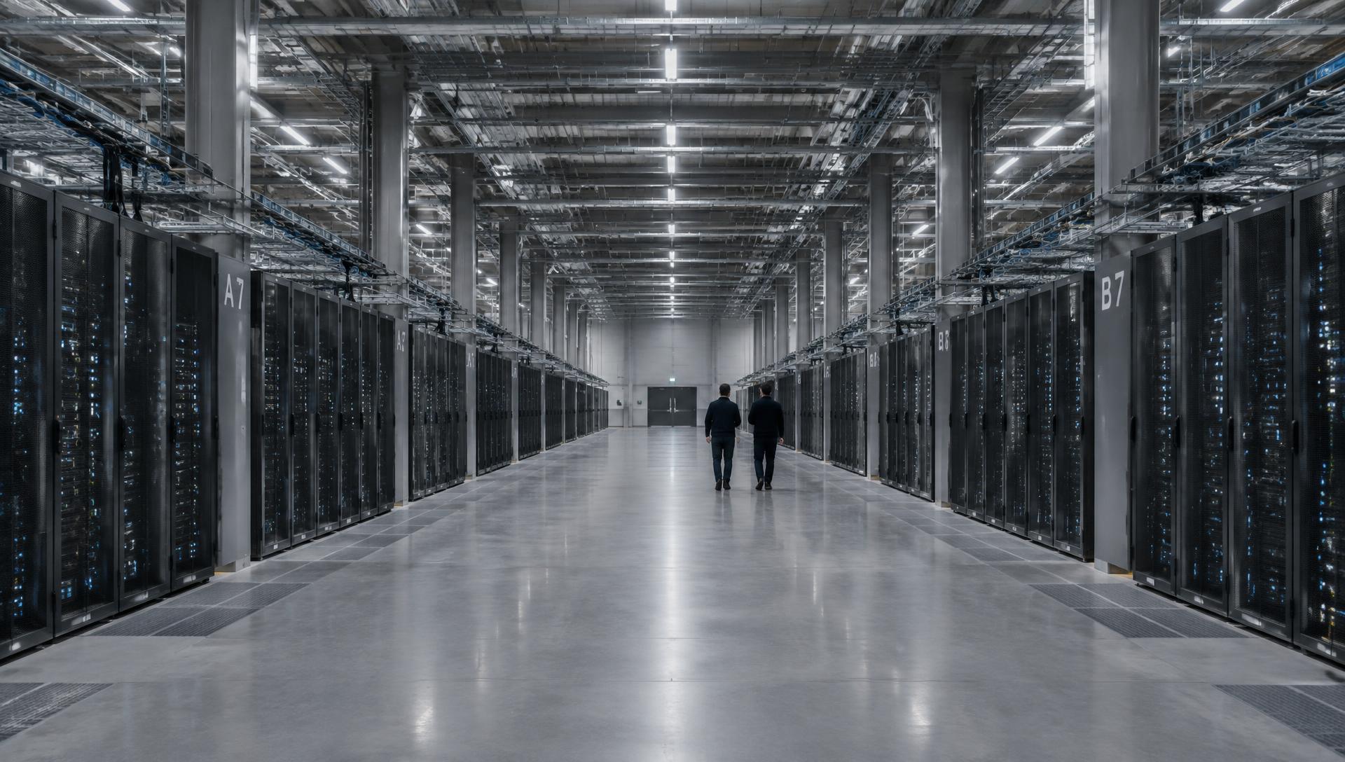 Two engineers walking a long aisle of a vast data hall, dwarfed by rows of racks