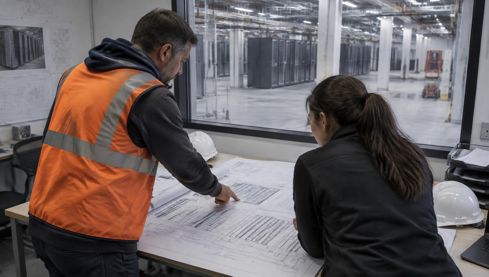 Two people reviewing large data centre layout drawings in a site office beside the data hall