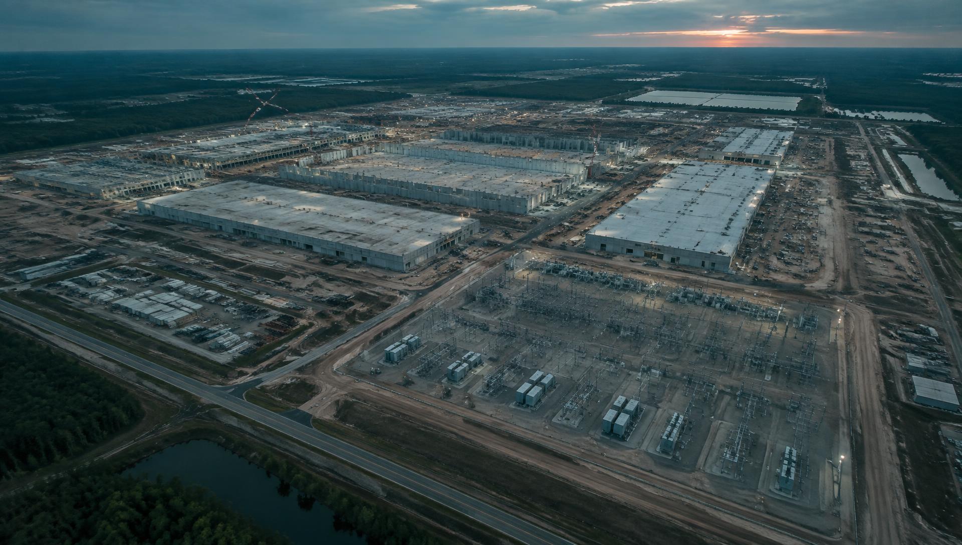 Aerial view of a vast data centre campus under construction with rows of slabs and a substation at dusk